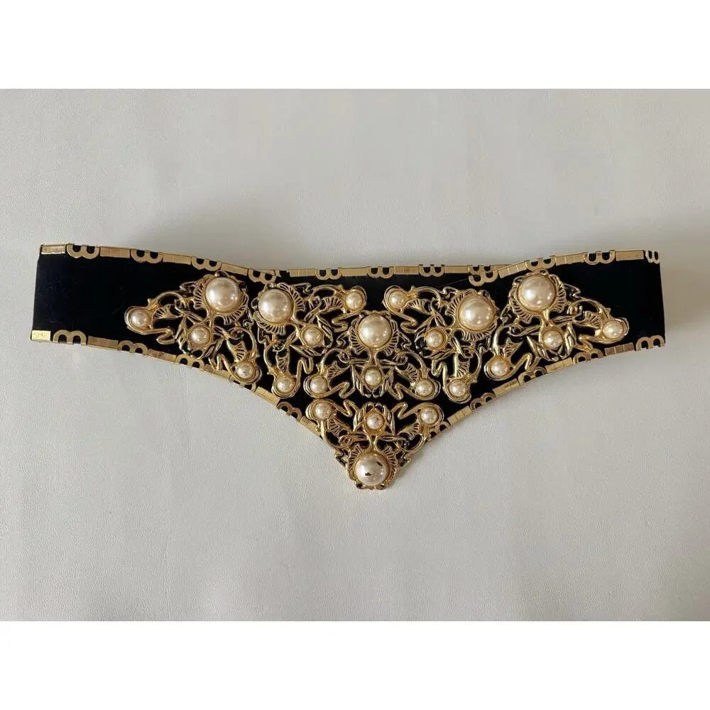 Vintage Baroque Faux Pearl Corset Belt Gold Filigree Black Velvet Maximalist